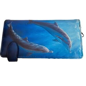 Cedar Paddle Wallet 2 Dolphins Bifold 7 1/2"  Long Blue Snap Closure Whitworth